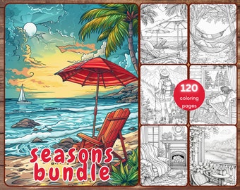 120 4 Seasons Bundle Coloring Book, Grayscale Winter Spring Summer Autumn Coloring Pages for Adults, Fall, Printable PDF, Instant Download