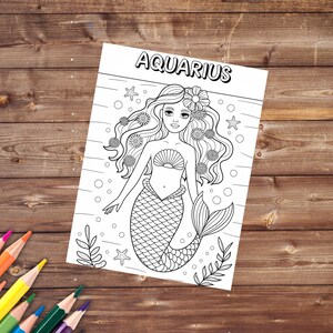 May include: A black and white coloring page featuring a mermaid with long flowing hair, a seashell bra, and a fishtail. The mermaid is surrounded by bubbles, seaweed, and starfish. The text "AQUARIUS" is at the top of the page.
