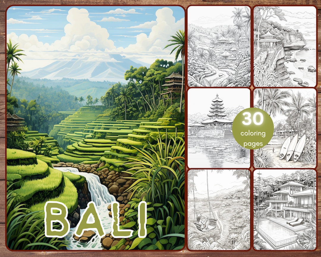 30 Bali Coloring Book, Grayscale Travel Destinations Coloring for