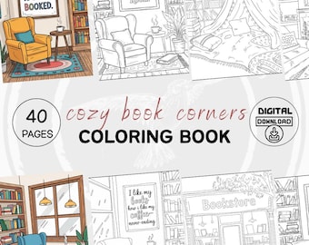 Cozy Book Corners Coloring Book, 40 Easy Clean Bookstore Library Coloring Pages for Booklovers, Procreate, PNG, Printable PDF