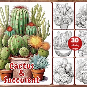 30 Cactus & Succulent Coloring Book, Fantasy Grayscale Botanical Coloring Pages for Adults and Kids, Printable PDF, Prickly Floral