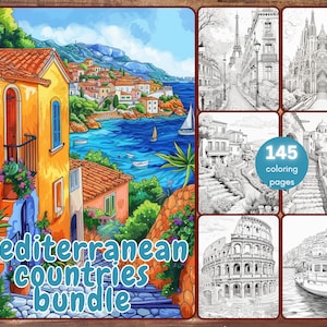 145 Mediterranean Bundle Coloring Book, Grayscale Travel Destinations Coloring Pages for Adults, Italy, Greece, Spain, Paris, Printable PDF