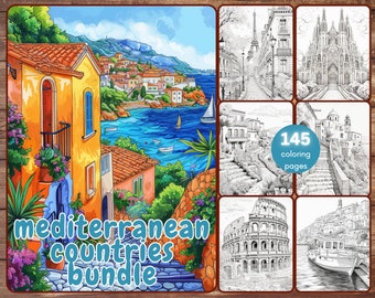 145 Mediterranean Bundle Coloring Book, Grayscale Travel Destinations Coloring Pages for Adults, Italy, Greece, Spain, Paris, Printable PDF