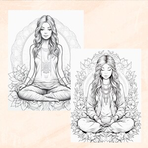 May include: Two black and white line drawings of women meditating in a lotus position. Both women have long hair and are wearing necklaces. The first woman is surrounded by a mandala design. The second woman is surrounded by flowers.