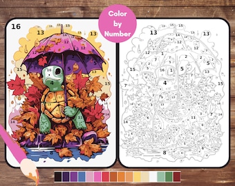 Color By Number for Adults, Turtle Paint by Number, Umbrella, Printable Coloring Pages Sheets, Digital Download, PDF, PNG, SVG