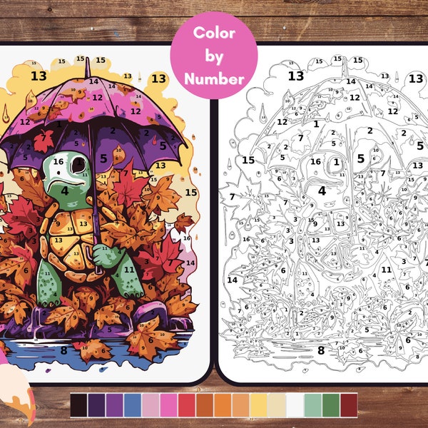 Color By Number for Adults, Turtle Paint by Number, Umbrella, Printable Coloring Pages Sheets, Digital Download, PDF, PNG