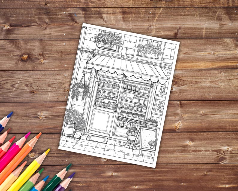 May include: Black and white line art illustration of a storefront with a striped awning. The storefront has a window display with shelves of products and a door. There are plants hanging from the ceiling and potted plants outside the store.