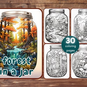 30 Forest in a Jar Coloring Book, Grayscale Trees in a Jar Coloring Pages for Adults and Teens, Printable PDF, Instant Download