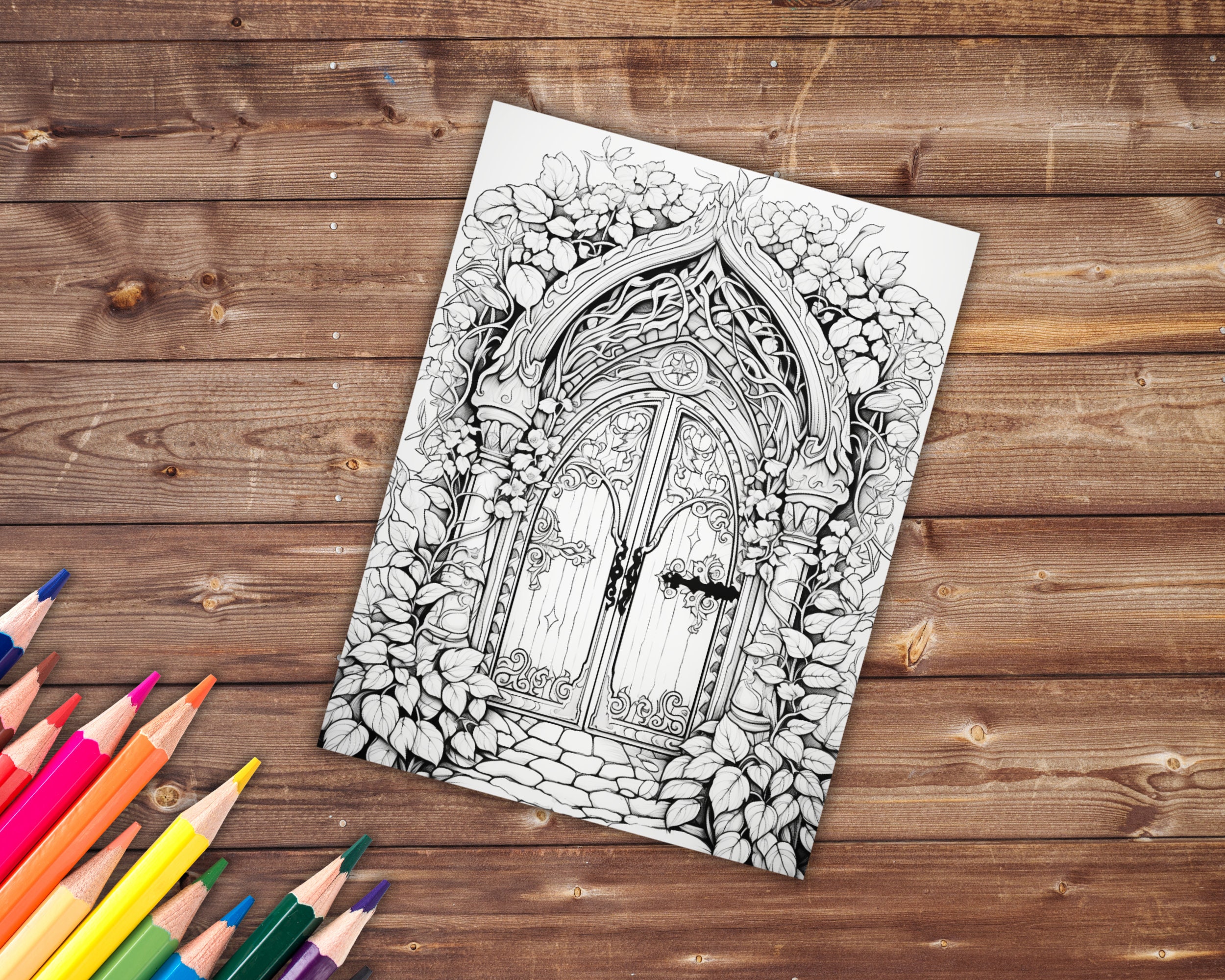 30 Magical Doors Coloring Book, Grayscale Fantasy Secret Doors Coloring ...