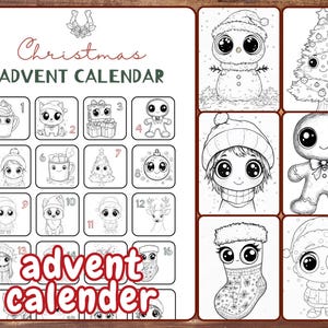 Kawaii Christmas Advent Calendar Coloring Book, Printable Countdown to Christmas for Adults and Kids, Instant Download, Cute Coloring Pages
