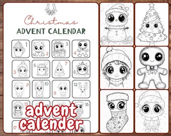 May include: A black and white printable Christmas advent calendar with 17 numbered squares. Each square contains a different cute cartoon character, such as a snowman, a gingerbread man, a Christmas tree, and a reindeer. The text "Christmas Advent Calendar" and "advent calender" are printed on the page.