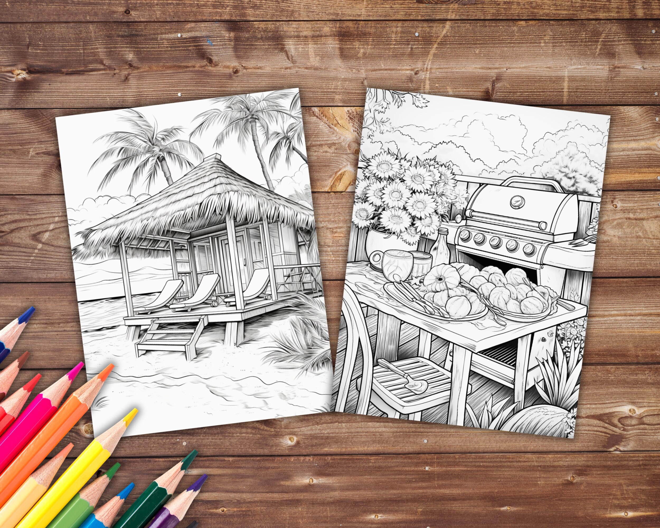 30 Summer Time Coloring Book, Grayscale Beach Coloring Pages for Adults ...