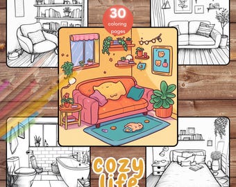 30 Cozy Life Coloring Book, Easy Cozy Home Moments Coloring Pages, Cute Homebody, Printable PDF, Instant Download