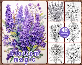 40 Blossom Magic Coloring Book, Grayscale Beautiful Flowers Coloring Adults and Kids, Floral, Flower Bundle, Printable PDF, Instant Download