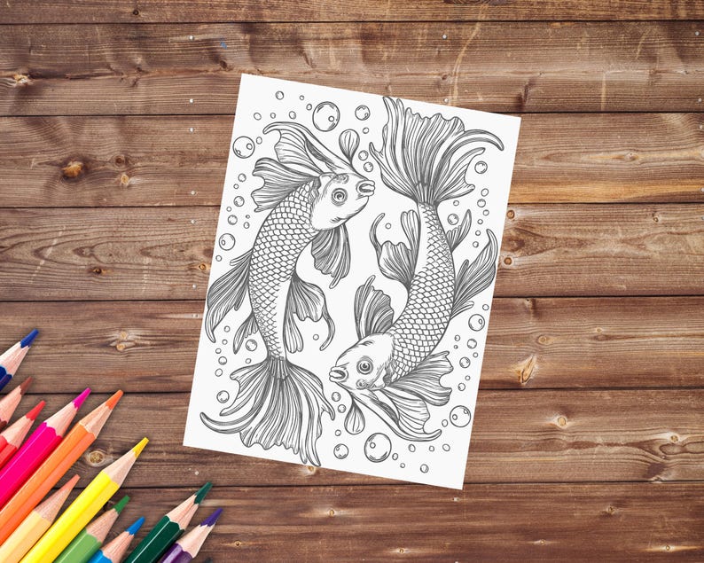 May include: A black and white line drawing of two goldfish swimming in a circle. The fish have detailed scales and fins. There are bubbles around the fish.