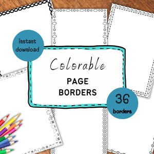 May include: A set of 36 printable page borders featuring various Halloween-themed designs, including ghosts, stars, hearts, and moons. The borders are black and white and can be coloured in. The text "Colorable Page Borders" and "36 borders" is included in the image.