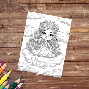 May include: Black and white line art illustration of a Virgo zodiac sign. The illustration features a girl with long hair wearing a flower crown and a dress. The girl is sitting on a cloud with the word "Virgo" written on it.