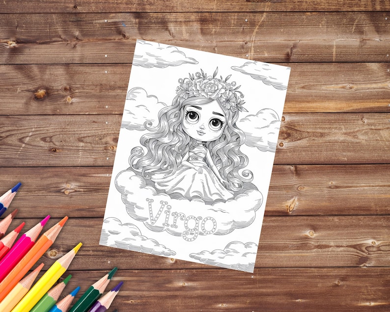 May include: Black and white line art illustration of a Virgo zodiac sign. The illustration features a girl with long hair wearing a flower crown and a dress. The girl is sitting on a cloud with the word "Virgo" written on it.