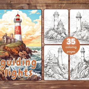 35 Lighthouse Coloring Book, Grayscale Fantasy Guiding Lights Coloring Pages for Adults and Teens, Printable PDF, Instant Download