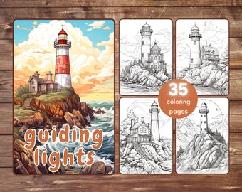 May include: A coloring book with 35 pages featuring illustrations of lighthouses on rocky coastlines. The cover features a colorful illustration of a lighthouse with a red and white striped tower, a small house, and a rocky coastline with crashing waves. The text "guiding lights" is written in a bold, stylized font.