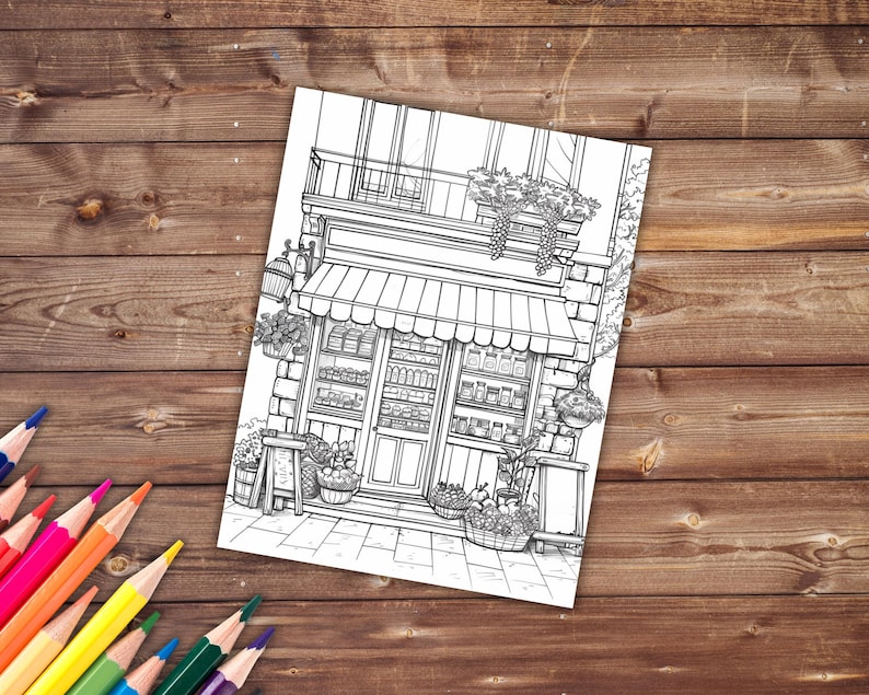 May include: A black and white line drawing of a storefront with a striped awning. The storefront has a window display with shelves of goods and a door. There are plants and baskets of fruit outside the store.