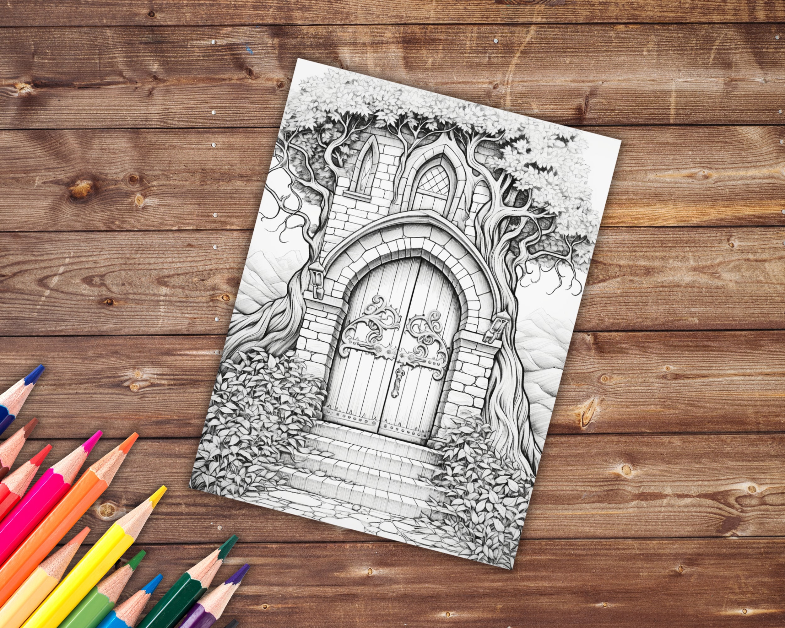 30 Magical Doors Coloring Book, Grayscale Fantasy Secret Doors Coloring ...