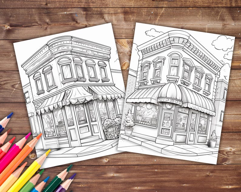 May include: Two black and white line drawings of storefront buildings with awnings. The buildings have three windows each and are drawn in a detailed style.