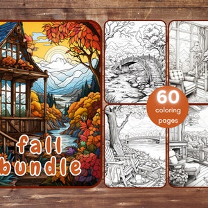 Può includere: Un set di 60 pagine da colorare con scene autunnali, tra cui una baita nel bosco, un ponte su un fiume e un accogliente soggiorno con camino. Il testo "fall bundle" è visualizzato sull'immagine.