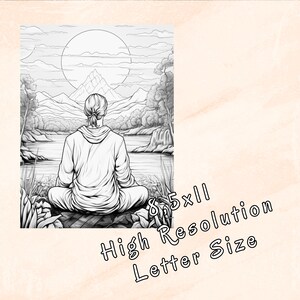 May include: Black and white line art illustration of a person sitting in a meditative pose overlooking a lake and mountains. The person is facing away from the viewer. The sun is shining in the sky above the mountains.