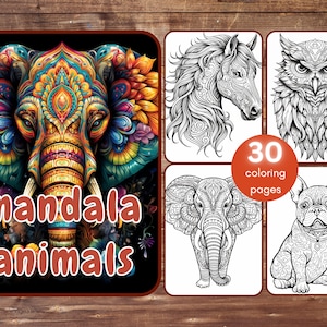 31 Mandala Animals Coloring Book, Grayscale Fantasy Animals and Flowers Coloring for Adults and Kids, Printable PDF, Instant Download