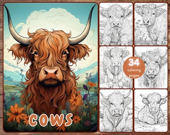 34 Cows Coloring Book, Grayscale Highland Cattle Coloring for Adults and Kids, Farm Animals, Baby Cows, Printable PDF, Instant Download