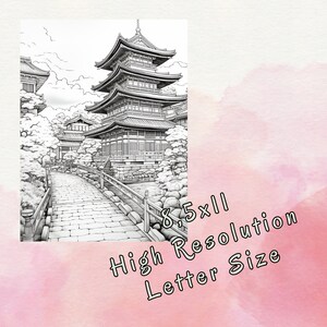 May include: A black and white line drawing of a Japanese temple with a pagoda and a stone path leading to it. The text "8.5x11 High Resolution Letter Size" is in the lower right corner of the image.