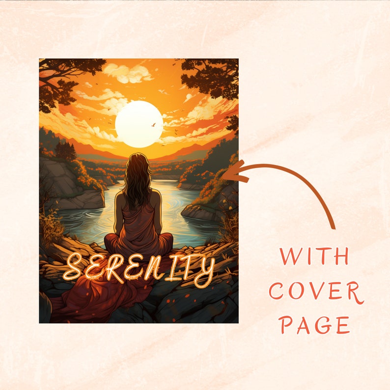 May include: A digital illustration of a woman sitting on a rock overlooking a river with a sunset in the background. The text "SERENITY" is written in the foreground.