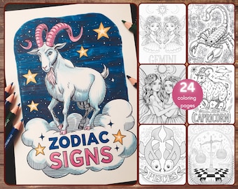 Libro da colorare sui segni zodiacali, 24 facili pagine da colorare di astrologia per adulti, segni celestiali, PDF stampabile, download immediato