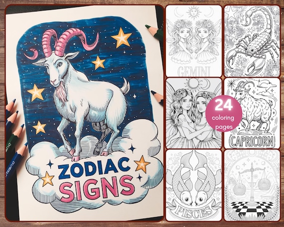 Zodiac Signs Coloring Book, 24 Easy Astrology Coloring Pages for Adults, Celestial, Printable PDF, Instant Download