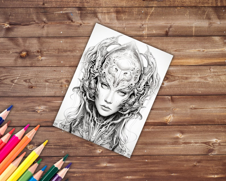 May include: A black and white detailed pencil drawing of a woman's face with intricate, organic, and geometric patterns surrounding her head.