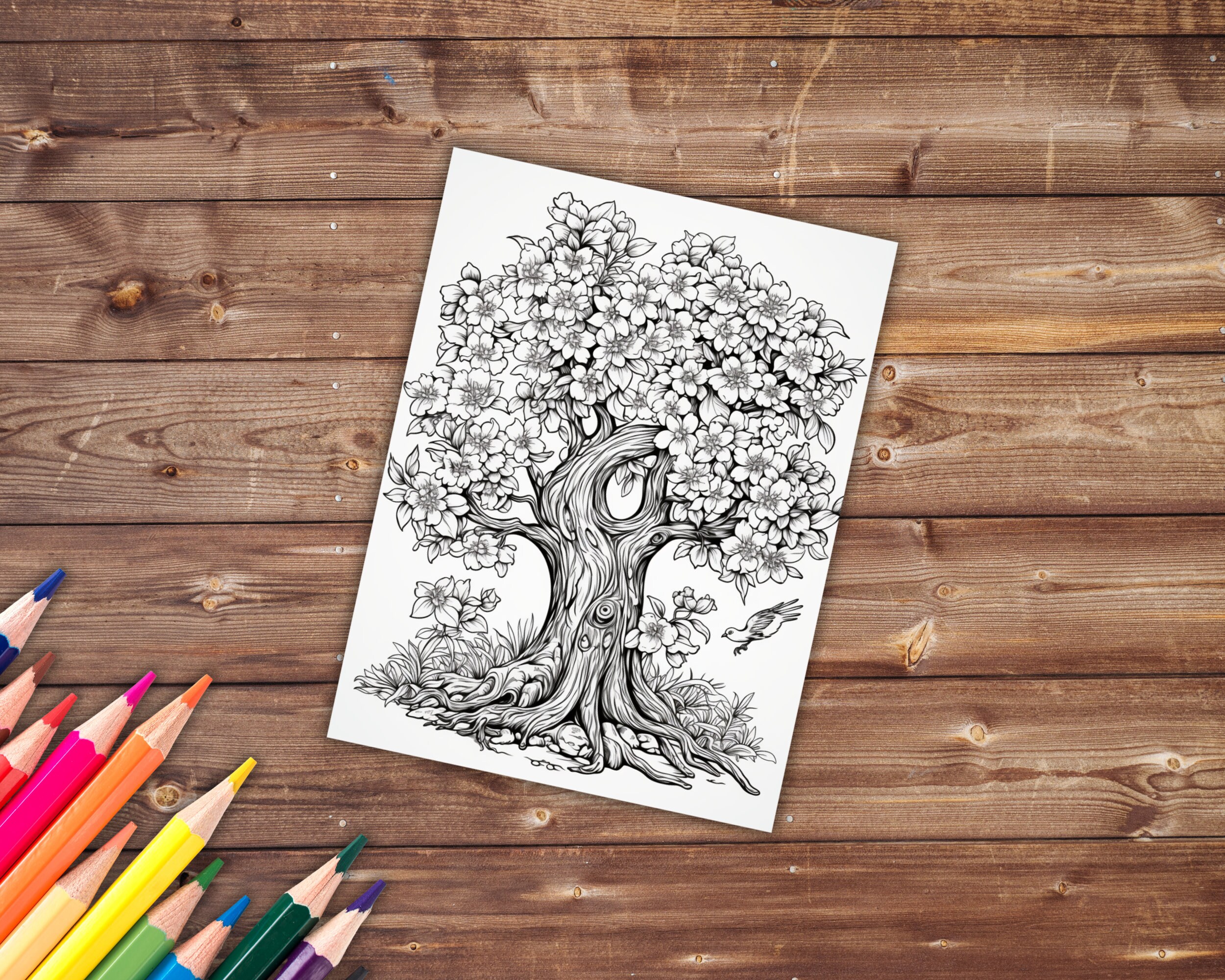 30 Floral Trees Coloring Book, Grayscale Fantasy Flower and Trees ...