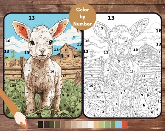 Lamb Paint by Number, Farm Animal Color By Number for Adults, Printable Coloring Pages Sheets, Digital Download, PDF&PNG