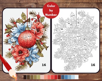 May include: Color by number image of a Christmas ornament with red, blue, and green floral accents. The image is divided into numbered sections, with each section corresponding to a color on the color palette below. The text "Color by Number" is written in red at the top of the image.