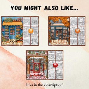 May include: Three coloring book covers featuring storefront illustrations. The first cover shows cute flower shops, the second shows bookstore storefronts, and the third shows Christmas storefronts. Each cover has 32 coloring pages.