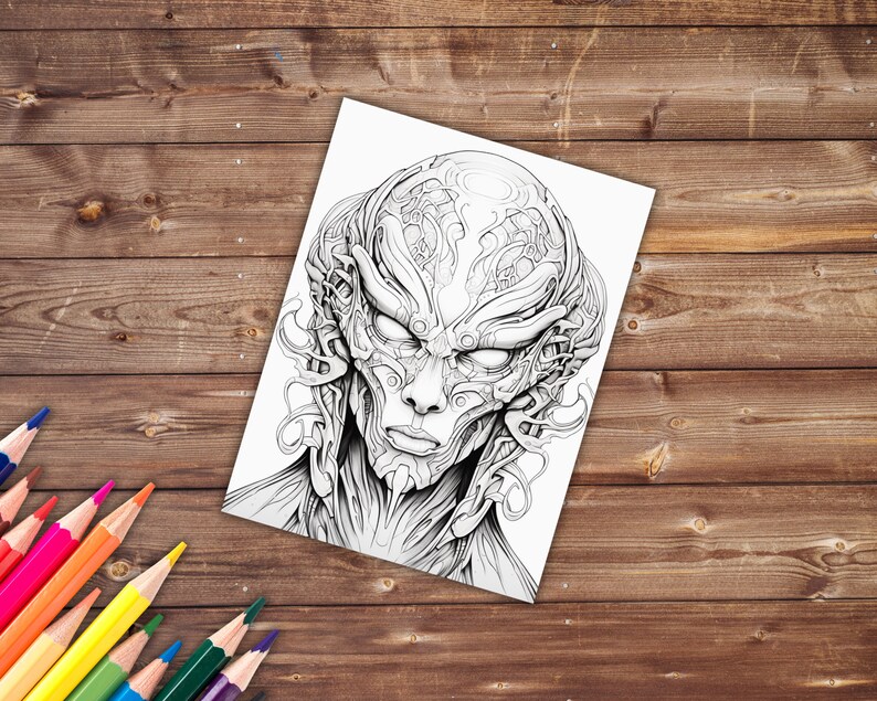 May include: A black and white line drawing of a detailed, intricate, and futuristic face with a mechanical design.