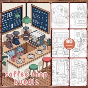 90 Cozy Coffee Shop Scenes Bundle Coloring Book, Easy Cozy Cafe Moments Coloring Pages, Cafe Interior Exterior, Procreate PNG, Printable PDF