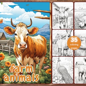 Peut inclure: Un livre de coloriage avec 35 pages d'animaux de la ferme. La couverture montre une vache brune et blanche avec un nez rouge et des yeux bruns. Le texte "farm animals" est écrit en lettres orange en bas de la couverture.