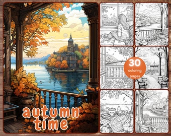 30 Autumn Time Coloring Book, Grayscale Fall Coloring Pages for Adults, Fallen Leaves, Pumpkins, Picnic, Printable PDF, Instant Download