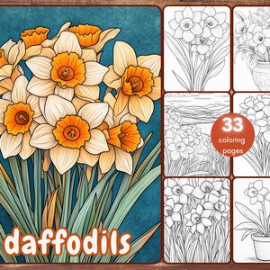 33 Daffodil Coloring Book, Grayscale Flowers Coloring Pages for Adults and Kids, Bouquet, Floral, Spring, Printable PDF