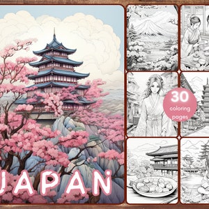 30 Japan Coloring Book, Travel Destinations, Cherry Blossoms, Temple, Kimono, Japanese Woman, Fantasy Grayscale Coloring Book for Adults