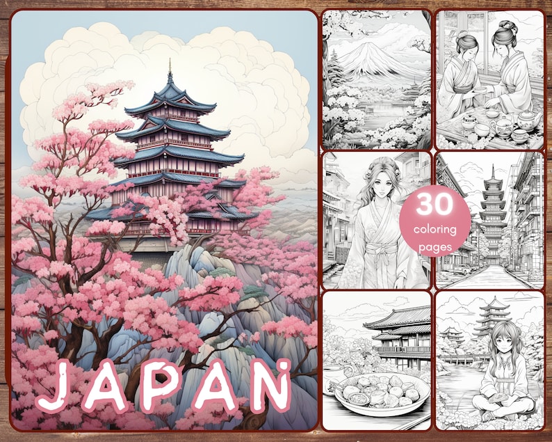 May include: A coloring book cover featuring a black and white illustration of a Japanese pagoda with cherry blossoms. The cover also includes the text "JAPAN" and "30 coloring pages".