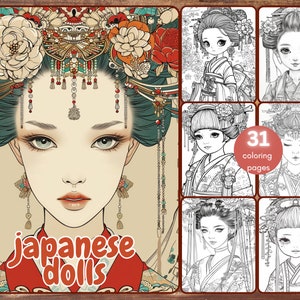 31 Japanese Dolls Coloring Book, Grayscale Fantasy Japanese Women Coloring for Adults, Kimono, Anime, Printable PDF, Instant Download