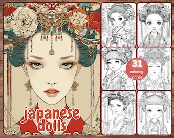 May include: A digital art print featuring a detailed illustration of a Japanese doll with elaborate headdress and makeup. The image includes the text "Japanese dolls" and a collection of 31 coloring pages with geisha illustrations.