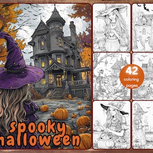 42 espeluznantes libros para colorear de Halloween, páginas para colorear de Halloween en escala de grises para adultos, brujas, casas espeluznantes, PDF imprimible, descarga instantánea